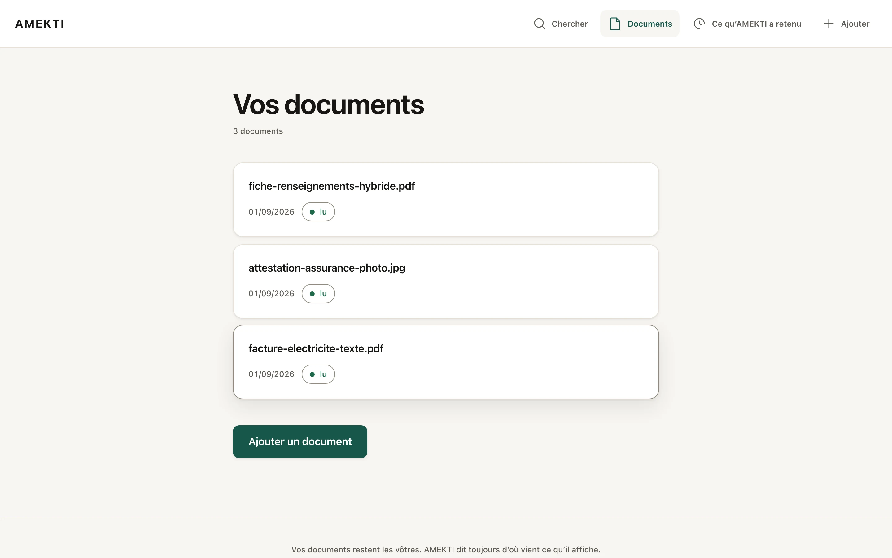 L’écran d’accueil d’AMEKTI sur ordinateur : la liste des documents déposés, chacun avec sa date et son état de lecture.