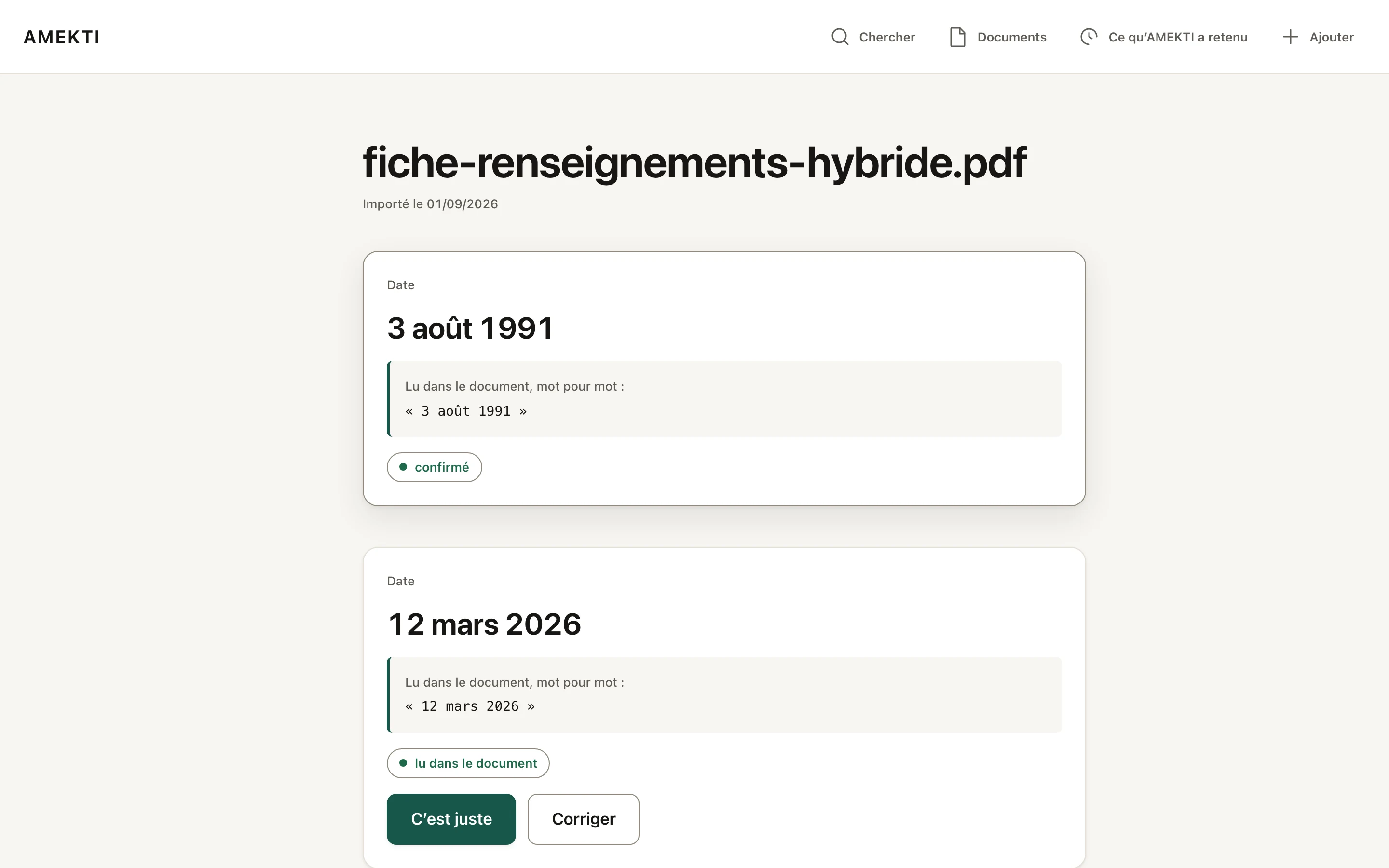 La fiche d’un document dans AMEKTI : les informations lues y sont listées avec l’extrait exact dont elles proviennent.